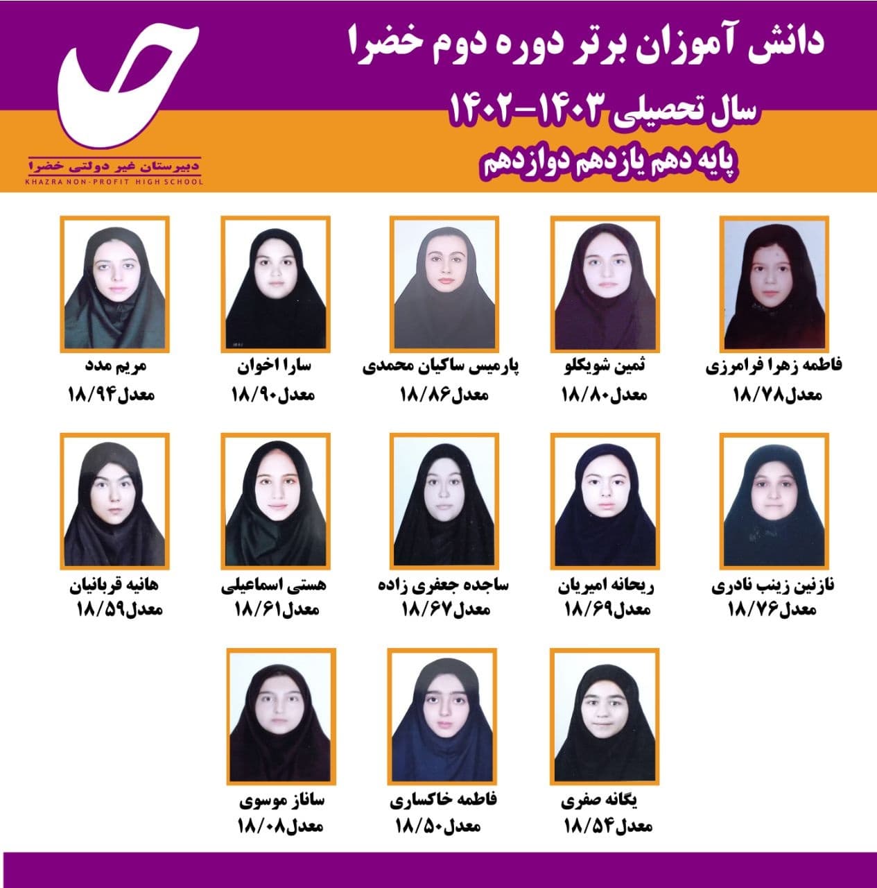 دانش آموزان برتر دوره دوم دبیرستان خضرا...با تشکر از دانش آموزان و اولیا ارجمند